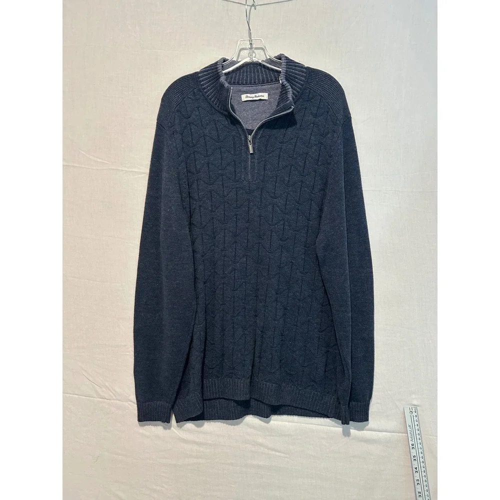 Tommy Bahama Mens XL Navy Blue Textured Geometric Quarter Zip Sweater 193-T42302